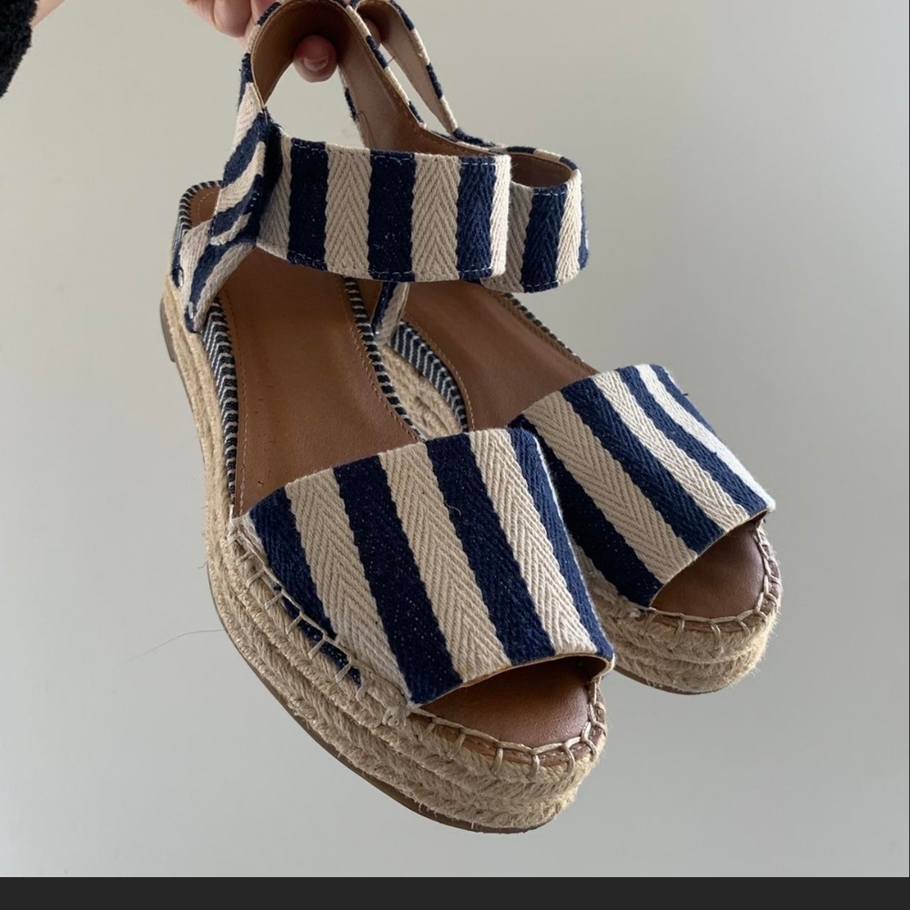 Franco Sarto Navy and Cream Striped Espadrille Platform Sandals